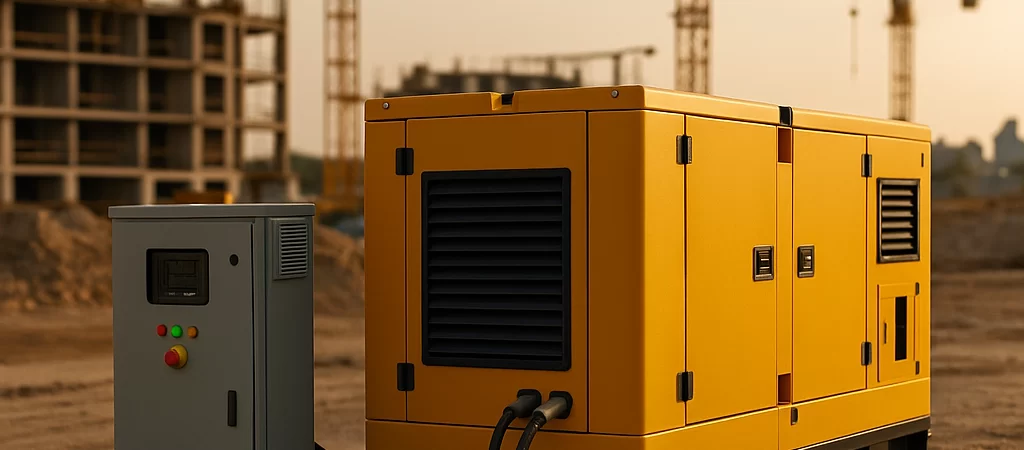 Monitoraggio gruppi elettrogeni TOPFLY su gruppo elettrogeno industriale giallo in cantiere, con quadro elettrico collegato e sfondo lavori in corso